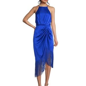 Belle Badgley Mischka Jackie Halter Sleeveless Asymmetrical Fringe Midi Dress